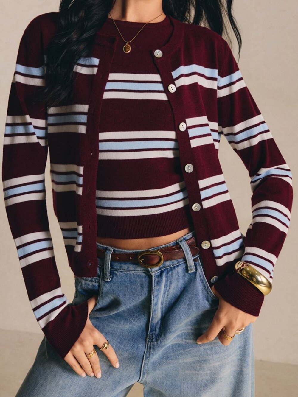 Multicolor Casual Women's Wear Striped Knit Set Round Neck Cardigan And Camisole